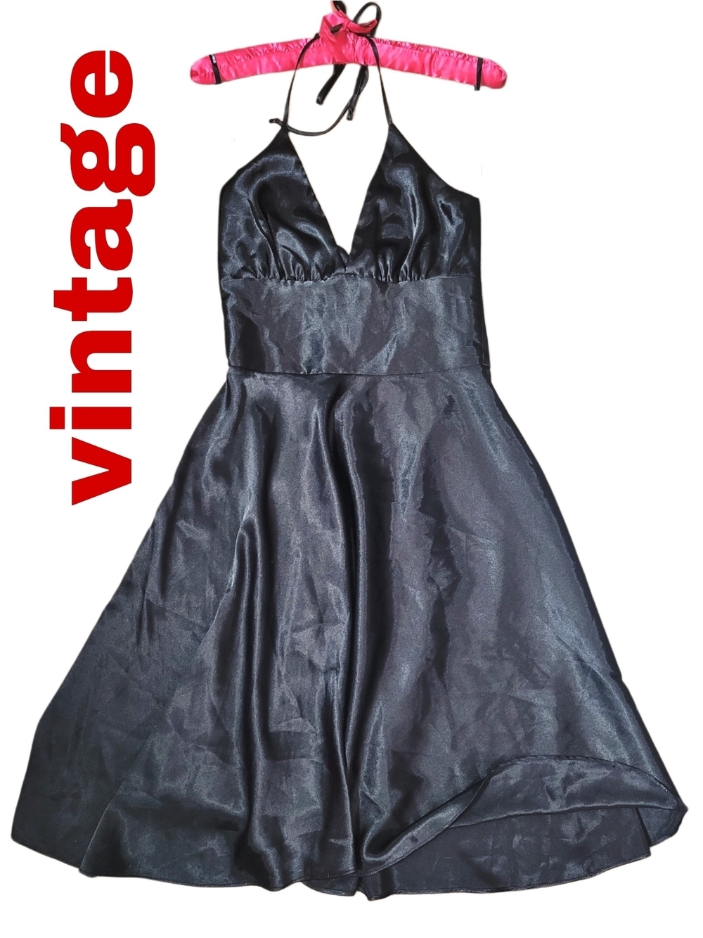 Vintage 1990s Alyn Paige Black Satin Halter Midi Dress